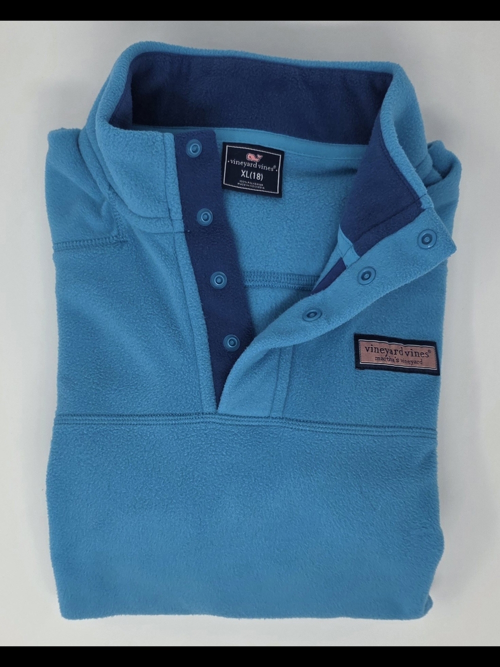 Vineyard Vines Kids Teal Fleece Snap Pullover with Navy Trim